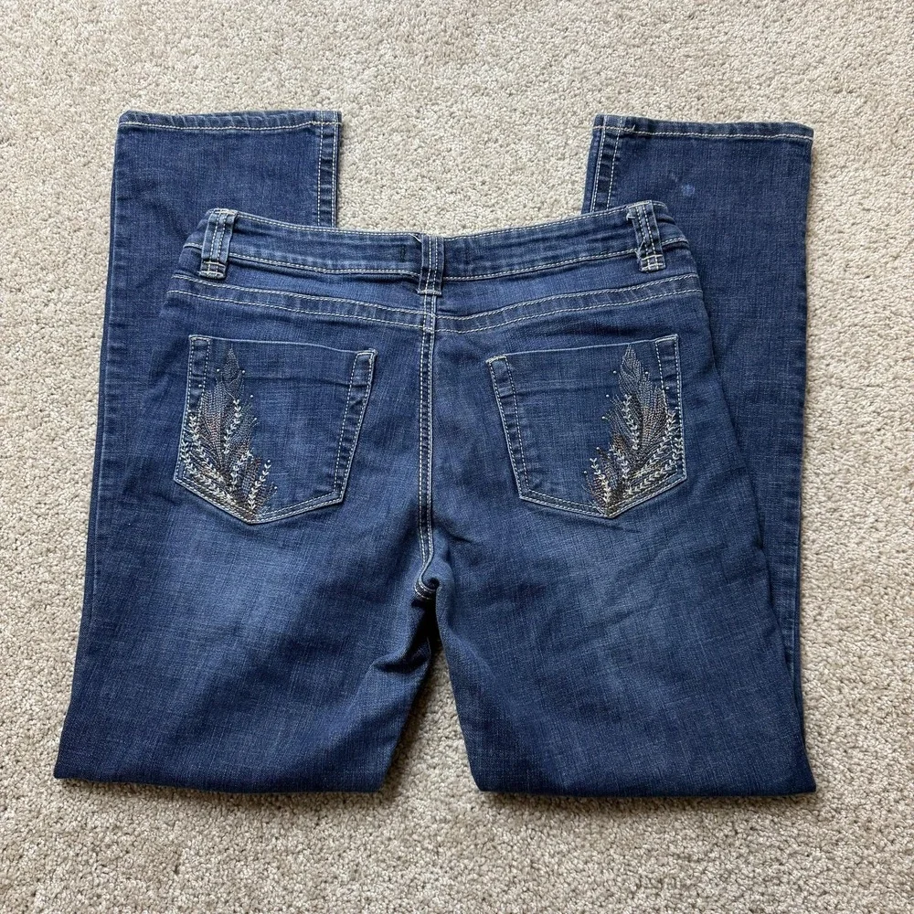 Lee Platinum Label Straight Jeans Womens 14 Med Wash Blue Embroidered Rhinestone